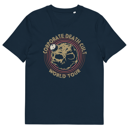 A French navy blue  short sleeved crew neck t-shirt with a skull shaped dead planet graphic with "CORPORATE DEATH CULT WORLD TOUR" printed around it.