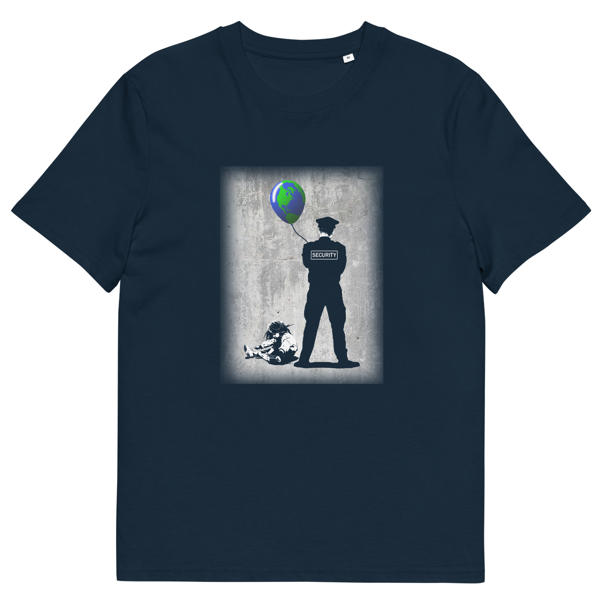 A French navy blue short sleeved crew neck t-shirt with a graffiti stencil design of a girl sitting on the floor, tying her shoelace while a security guard looks after her globe balloon. 