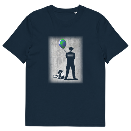 A French navy blue short sleeved crew neck t-shirt with a graffiti stencil design of a girl sitting on the floor, tying her shoelace while a security guard looks after her globe balloon. 