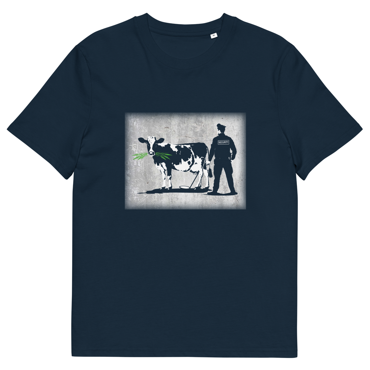 A French navy blue  short sleeved crew neck t-shirt with a graffiti stencil design of a cow being checked by a security guard.