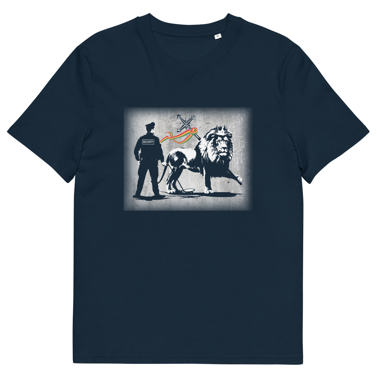 A French navy short sleeved crew neck t-shirt with a graffiti stencil design of a security guard checking the underside of the Lion of Judah for explosives.
