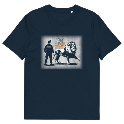 A French navy short sleeved crew neck t-shirt with a graffiti stencil design of a security guard checking the underside of the Lion of Judah for explosives.