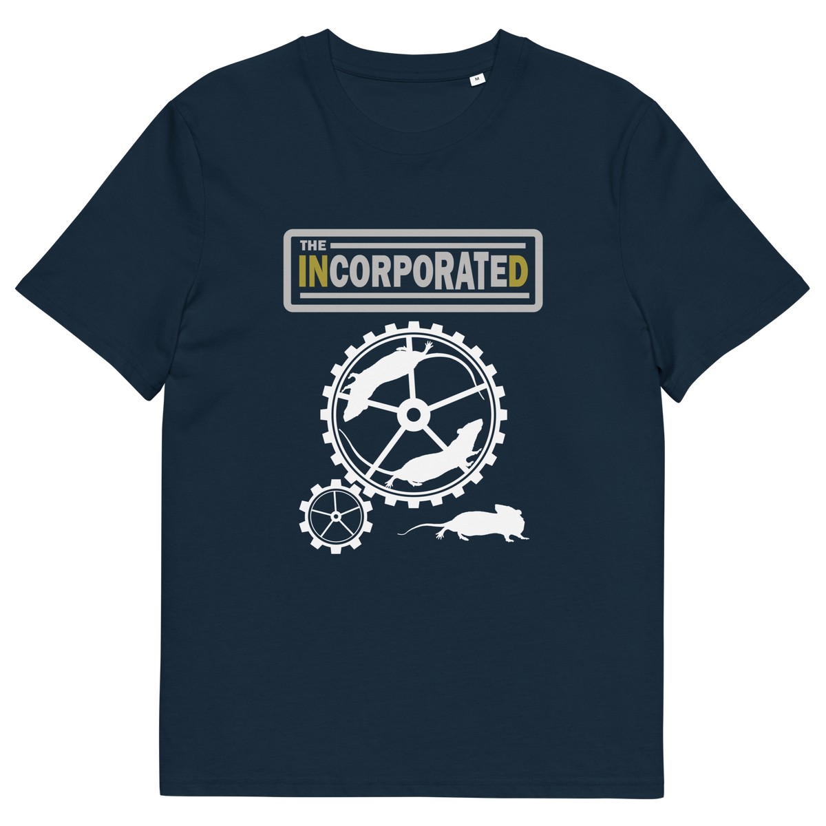 A French navy blue short sleeved crew neck t-shirt with a text heading of " The Incorporated" above an image of rats running around a wheel.