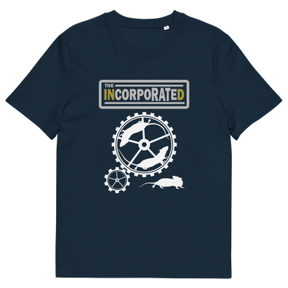 A French navy blue short sleeved crew neck t-shirt with a text heading of " The Incorporated" above an image of rats running around a wheel.