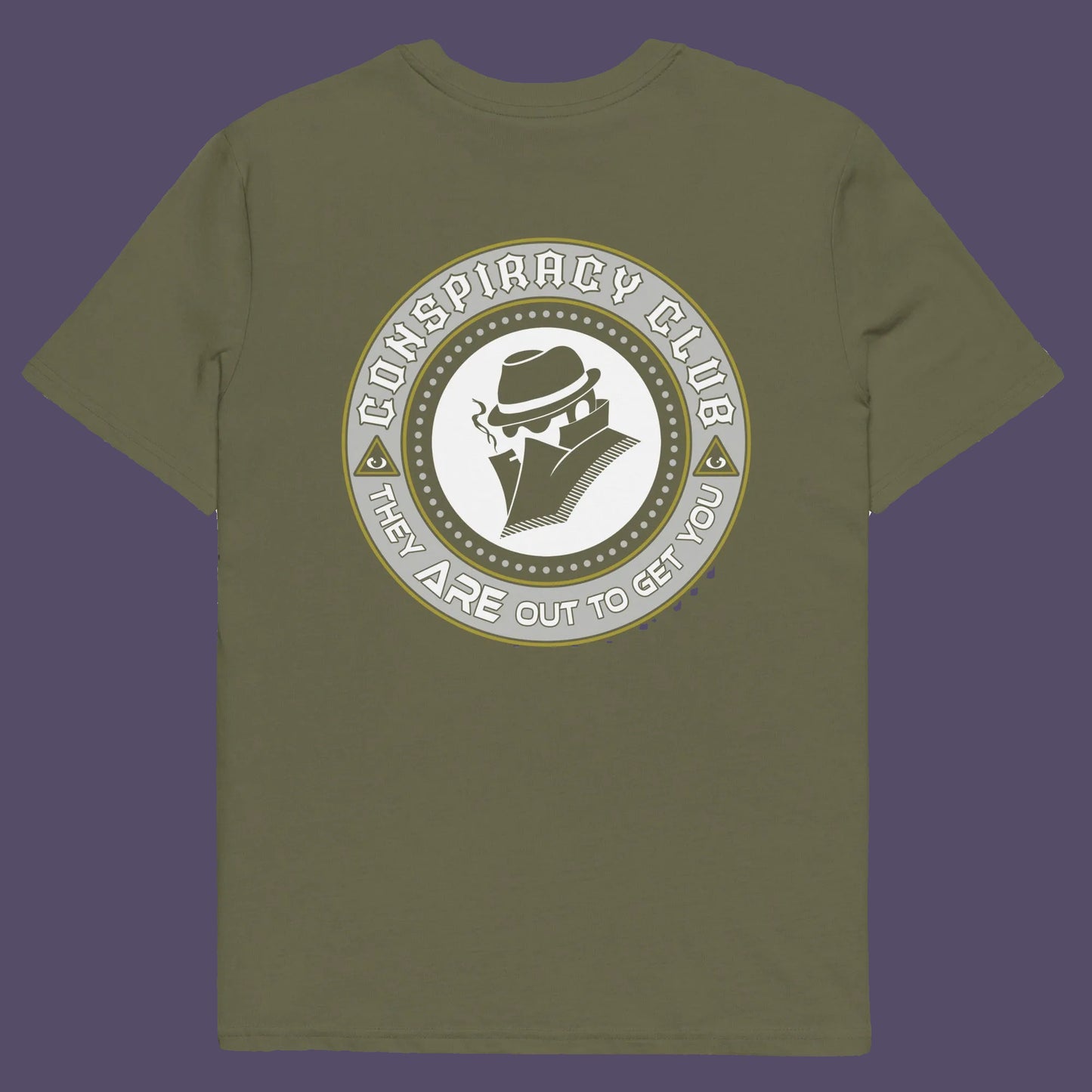 Khaki t shirt back. A conspiracy theorist t shirt. These days there's a conspiracy theory for every occasion, join the club, expand your alternative imagination. Think outside the box. Underground art on apparel. Made from 100% organic ring-spun cotton, these conspiracy theory t shirts are unisex, high-quality, super comfy, and best of all, eco-friendly.