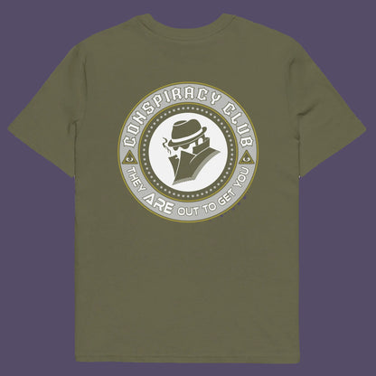 Khaki t shirt back. A conspiracy theorist t shirt. These days there's a conspiracy theory for every occasion, join the club, expand your alternative imagination. Think outside the box. Underground art on apparel. Made from 100% organic ring-spun cotton, these conspiracy theory t shirts are unisex, high-quality, super comfy, and best of all, eco-friendly.