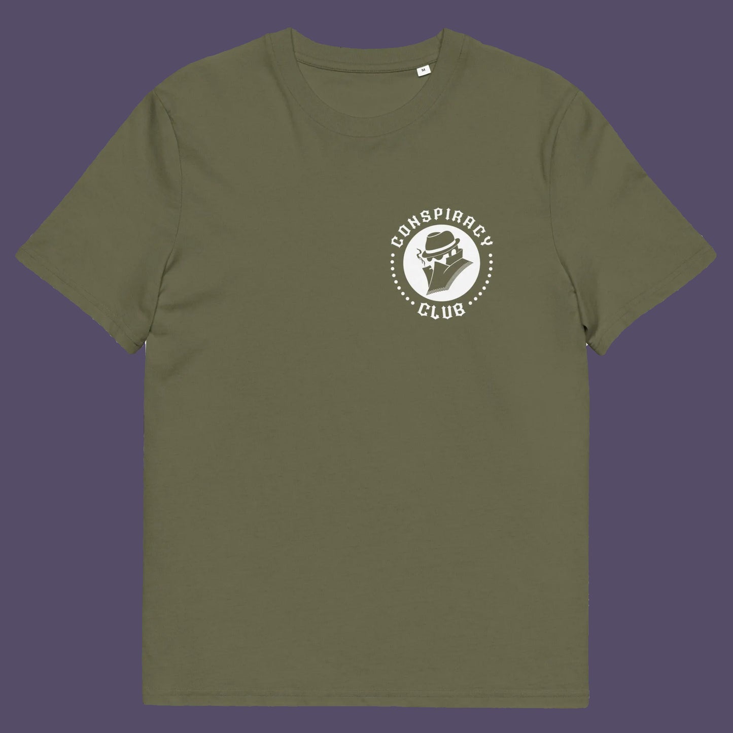 Khaki t shirt front. A conspiracy theorist t shirt. These days there's a conspiracy theory for every occasion, join the club, expand your alternative imagination. Think outside the box. Underground art on apparel. Made from 100% organic ring-spun cotton, these conspiracy theory t shirts are unisex, high-quality, super comfy, and best of all, eco-friendly.