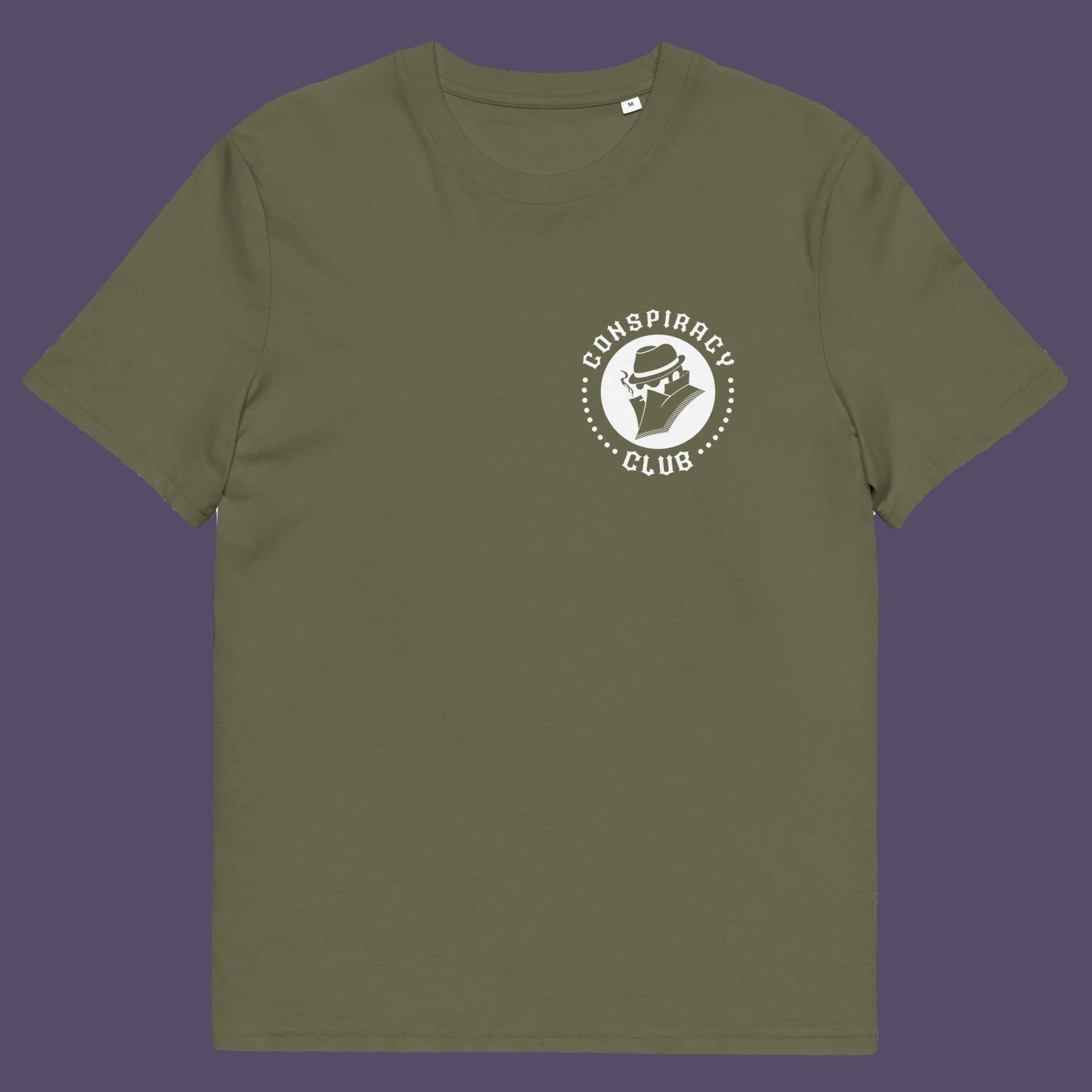 Khaki t shirt front. A conspiracy theorist t shirt. These days there's a conspiracy theory for every occasion, join the club, expand your alternative imagination. Think outside the box. Underground art on apparel. Made from 100% organic ring-spun cotton, these conspiracy theory t shirts are unisex, high-quality, super comfy, and best of all, eco-friendly.