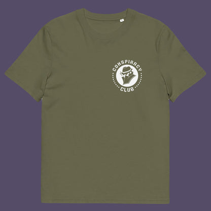 Khaki t shirt front. A conspiracy theorist t shirt. These days there's a conspiracy theory for every occasion, join the club, expand your alternative imagination. Think outside the box. Underground art on apparel. Made from 100% organic ring-spun cotton, these conspiracy theory t shirts are unisex, high-quality, super comfy, and best of all, eco-friendly.