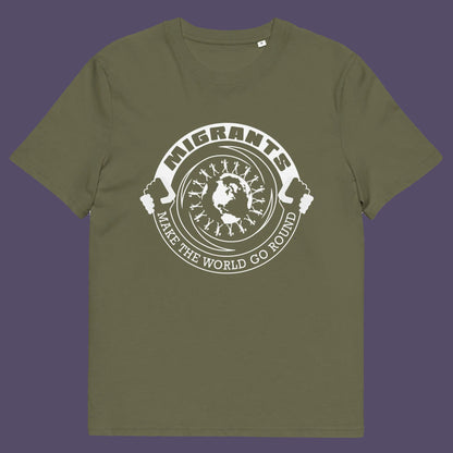 Khaki t shirt. An anti racism t shirt showing support for migrants. If you believe that migrants help keep the gene pool fresh and encourage culture growth, or just believe there should be no borders, this migrant rights t shirt is for you. Made from 100% organic ring-spun cotton, this anti racism t shirt is unisex, high-quality, super comfy, and best of all, eco-friendly.