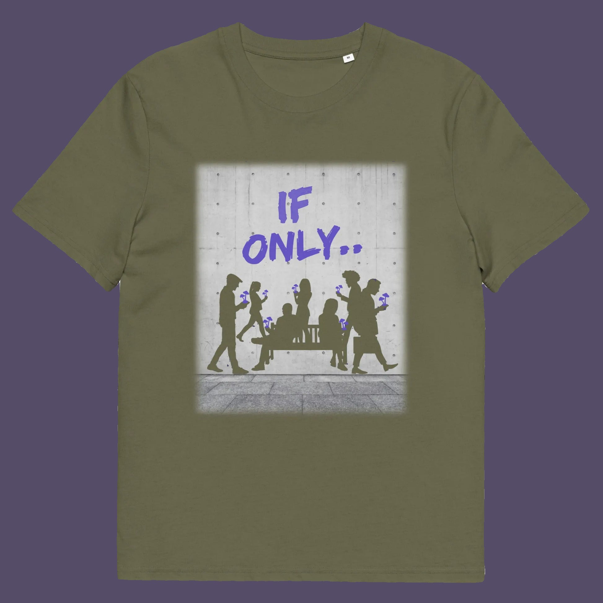Khaki t shirt. An anti mobile phone abuse t shirt in a stencil graffiti art design. Wouldn't it be a better world if people had something more mind expanding to be obsessed with other than a mobile phone. Made from 100% organic ring-spun cotton, this anti mobile phone abuse t shirt is unisex, high-quality, super comfy, and best of all, eco-friendly.