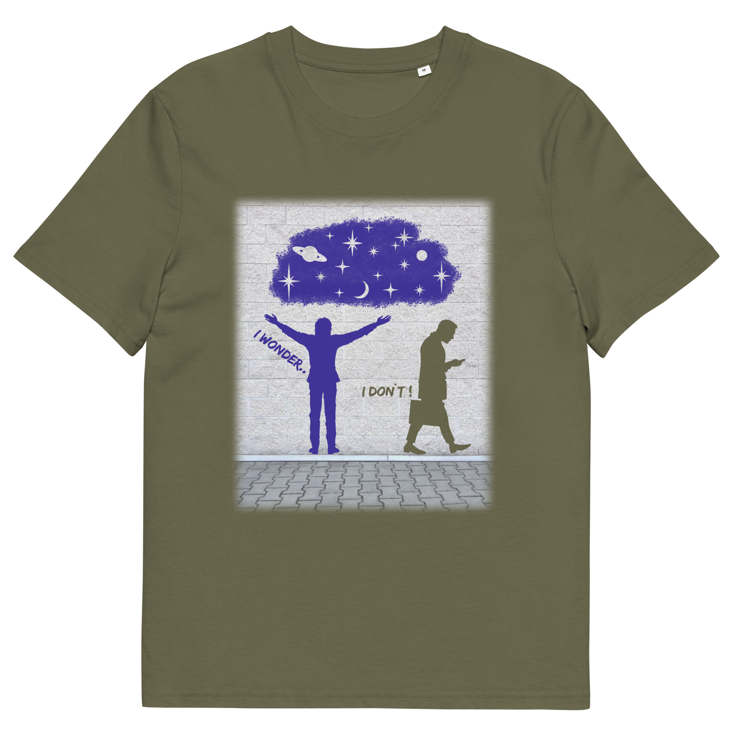 Khaki t shirt. This anti mobile phone abuse t shirt light heartedly pokes fun at people who never look up from their phone. If you believe letting a machine do most of your thinking for you will dull your imagination, this satirical design is for you. Made from 100% organic ring-spun cotton, these anti mobile phone abuse t shirts are unisex, high quality, super comfy, and best of all, eco-friendly.