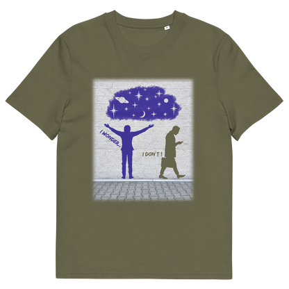 Khaki t shirt. This anti mobile phone abuse t shirt light heartedly pokes fun at people who never look up from their phone. If you believe letting a machine do most of your thinking for you will dull your imagination, this satirical design is for you. Made from 100% organic ring-spun cotton, these anti mobile phone abuse t shirts are unisex, high quality, super comfy, and best of all, eco-friendly.