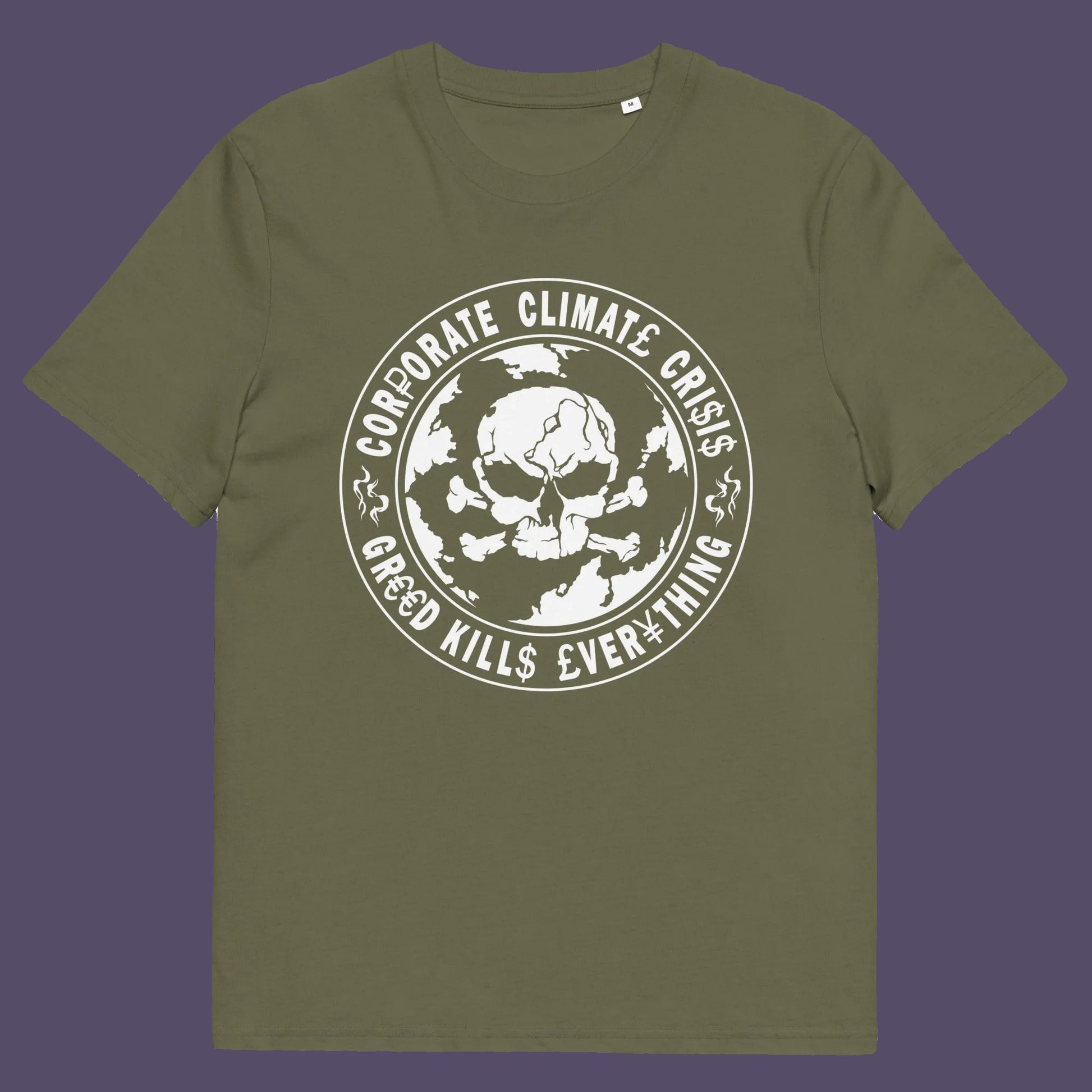 Khaki t shirt. An anti corporate t shirt encouraging social awareness and support to save our planet from corporate negligence. Make it clear you are no fool to where the climate problem blame should be placed with this original design. Made from 100% organic ring-spun cotton, this save the world t shirt is unisex, high-quality, super comfy, and best of all, eco-friendly.