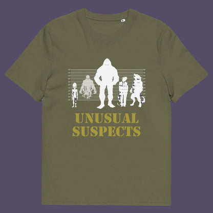 Khaki t shirt. A conspiracy theorist t shirt for movie lovers. From bigfoot to aliens, these are the personnel responsible for most cover ups and disputed existences. This imaginative stencil art design is for people who think outside the box. Made from 100% organic ring-spun cotton, this witty conspiracy theory t-shirt is unisex, high-quality, super comfy, and best of all, eco-friendly.