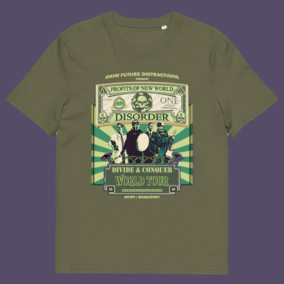 Khaki  shirt. A non conformist t shirt in the style of a band tour poster. This satirical t-shirt design highlights the forces that influence our society now, and for the foreseeable future. A spoof band t-shirt to create social awareness. Made from 100% organic ring-spun cotton, this anti government t shirt is unisex, high-quality, super comfy, and best of all, eco-friendly.