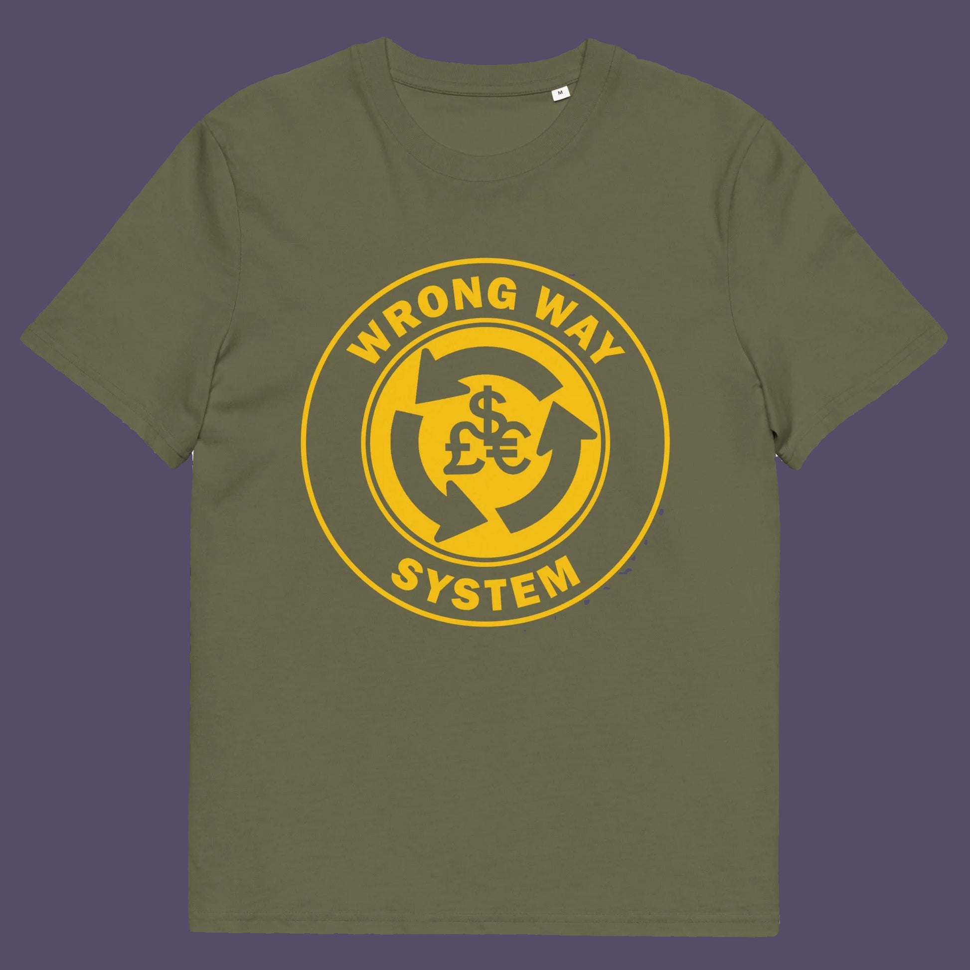 Khaki t shirt. A non conformist t shirt in the form of a road sign reminder that it's possibly not been the best idea to build our society around money. Wrong direction, change the system ! Made from 100% organic ring-spun cotton, this social awareness t shirt is unisex, high-quality, super comfy, and best of all, eco-friendly. A great choice for an anti capitalist socio economic demonstration.