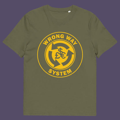 Khaki t shirt. A non conformist t shirt in the form of a road sign reminder that it's possibly not been the best idea to build our society around money. Wrong direction, change the system ! Made from 100% organic ring-spun cotton, this social awareness t shirt is unisex, high-quality, super comfy, and best of all, eco-friendly. A great choice for an anti capitalist socio economic demonstration.