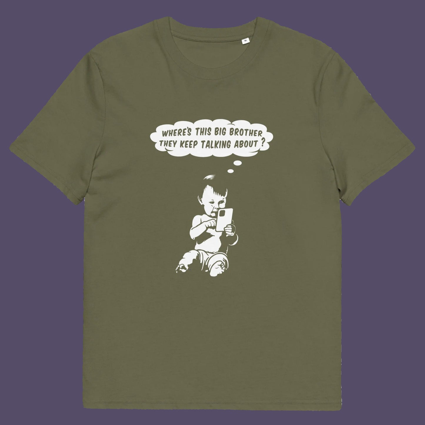 Khaki t shirt. A funny conspiracy theory t shirt questioning the existence of a controlling 'Big Brother' watching over us. This unique design in stencil art illustrates the sweet mind of a child and a lesson in how to take things literally. Big Brother is everywhere and nowhere. Made from 100% organic ring-spun cotton, this stencil graffiti t shirt is unisex, high-quality, super comfy, and best of all, eco-friendly.