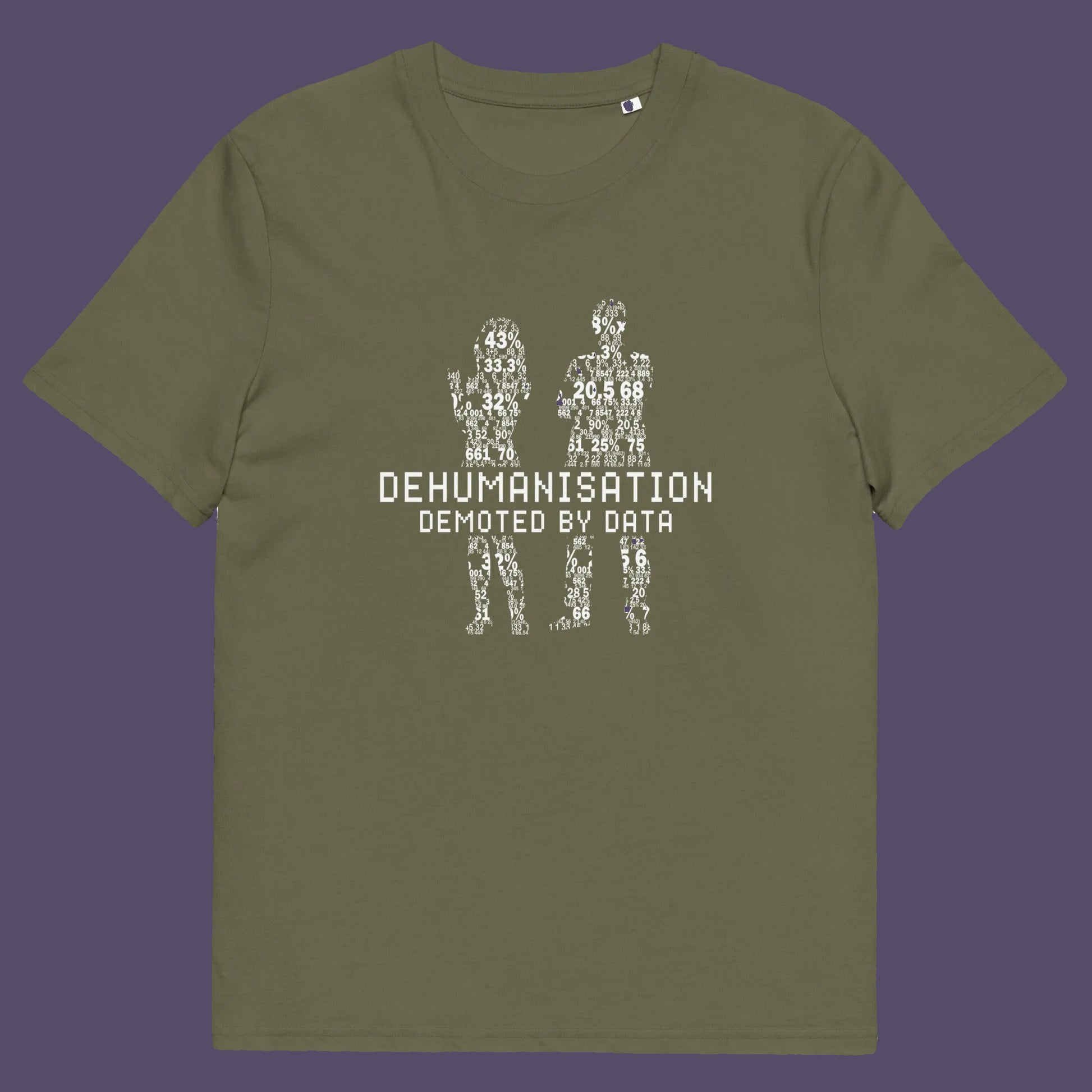 Khaki t shirt. This broken society t shirt depicts the dehumanisation of the species by analysis and data collection. The more we view each other as statistics and numbers the further we move away from compassion and empathy. This design highlights the dark side of progression. Made from 100% organic ring-spun cotton, this dystopian t shirt is unisex, high-quality, super comfy, and best of all, eco-friendly.