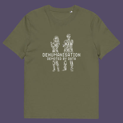 Khaki t shirt. This broken society t shirt depicts the dehumanisation of the species by analysis and data collection. The more we view each other as statistics and numbers the further we move away from compassion and empathy. This design highlights the dark side of progression. Made from 100% organic ring-spun cotton, this dystopian t shirt is unisex, high-quality, super comfy, and best of all, eco-friendly.