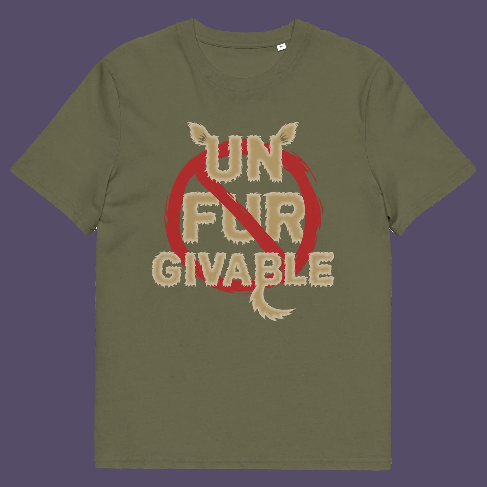 Khaki  t shirt. This animal rights t shirt is anti fur and suggests the wearing of fur as unforgivable. Show your support against an unnecessary industry that promotes suffering and slaughter. Made from 100% organic ring-spun cotton, these animal activist t shirts are unisex, high-quality, super comfy, and best of all, eco-friendly.