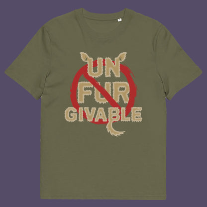 Khaki  t shirt. This animal rights t shirt is anti fur and suggests the wearing of fur as unforgivable. Show your support against an unnecessary industry that promotes suffering and slaughter. Made from 100% organic ring-spun cotton, these animal activist t shirts are unisex, high-quality, super comfy, and best of all, eco-friendly.