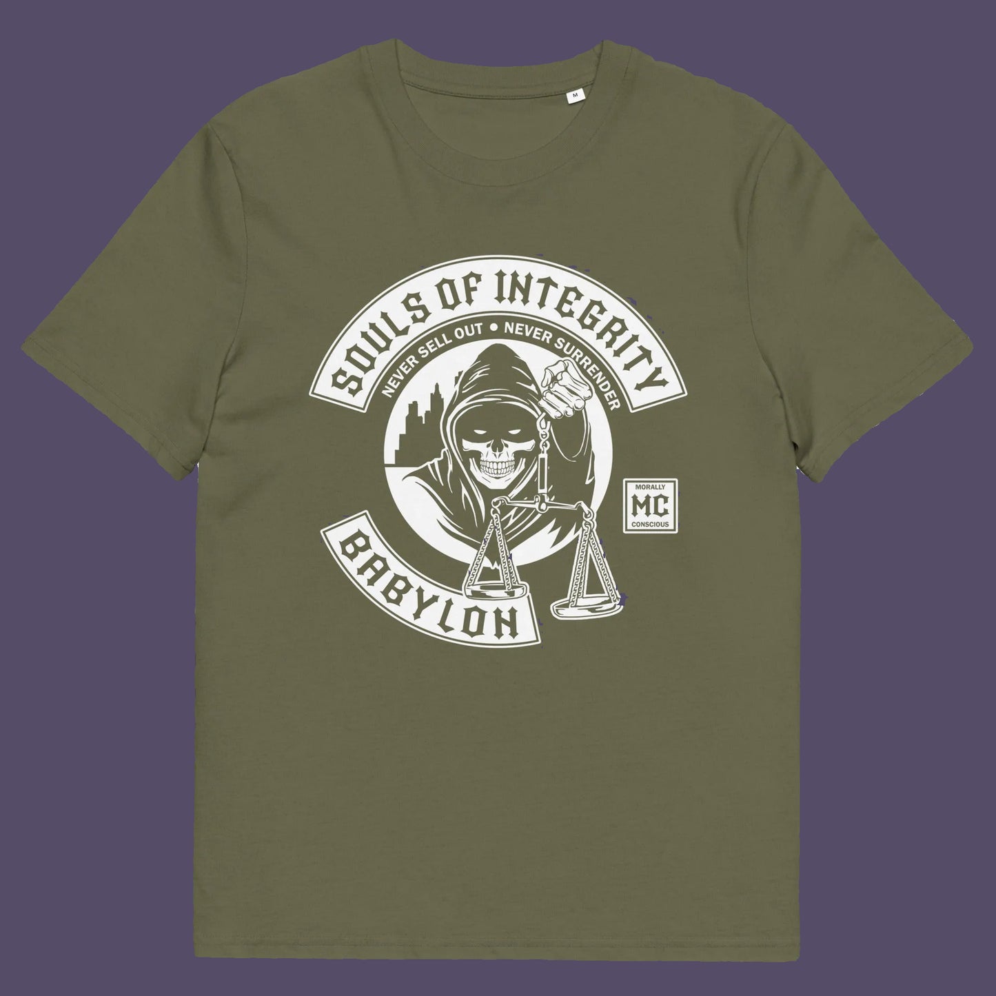 Khaki t shirt. A social awareness t shirt promoting ethics and morality. A spoof motorcycle club design for people who still have integrity. This design satirically representing how few people are left with a moral conscience in a corrupt world, or as the Rastafarians call it, BABYLON. Made from 100% organic ring-spun cotton, these social issues t shirts are unisex, high-quality, super comfy, and best of all, eco-friendly.