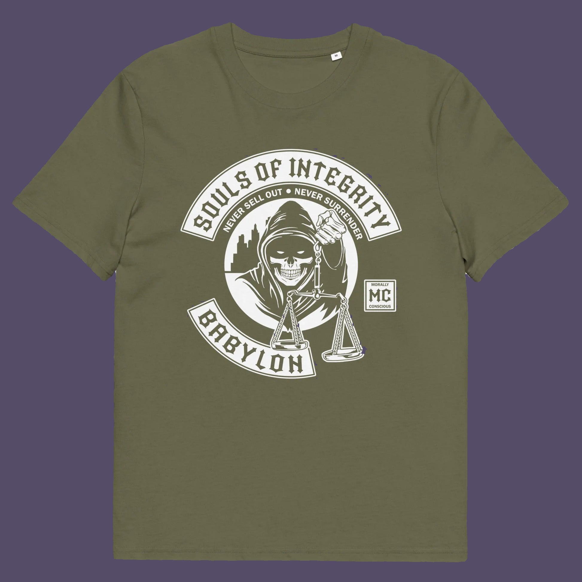 Khaki t shirt. A social awareness t shirt promoting ethics and morality. A spoof motorcycle club design for people who still have integrity. This design satirically representing how few people are left with a moral conscience in a corrupt world, or as the Rastafarians call it, BABYLON. Made from 100% organic ring-spun cotton, these social issues t shirts are unisex, high-quality, super comfy, and best of all, eco-friendly.