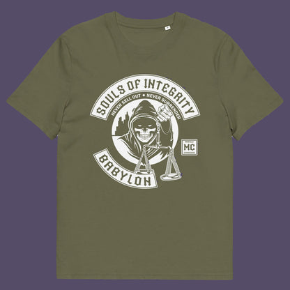 Khaki t shirt. A social awareness t shirt promoting ethics and morality. A spoof motorcycle club design for people who still have integrity. This design satirically representing how few people are left with a moral conscience in a corrupt world, or as the Rastafarians call it, BABYLON. Made from 100% organic ring-spun cotton, these social issues t shirts are unisex, high-quality, super comfy, and best of all, eco-friendly.