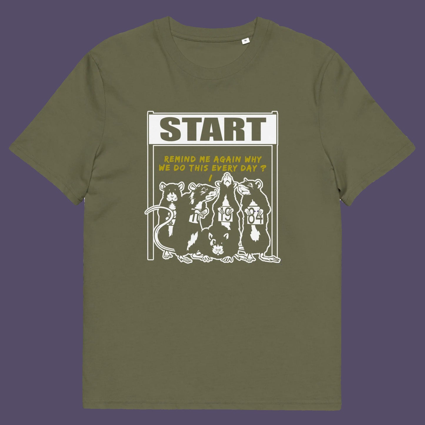 Khaki t shirt. This stencil graffiti t shirt represents the monotony of everyday working life. A unique satirical design for those times when life starts to feel a little repetitive, unnecessary, and questionable. Made from 100% organic ring-spun cotton, this urban art t shirt is unisex, high-quality, super comfy, and best of all, eco-friendly.