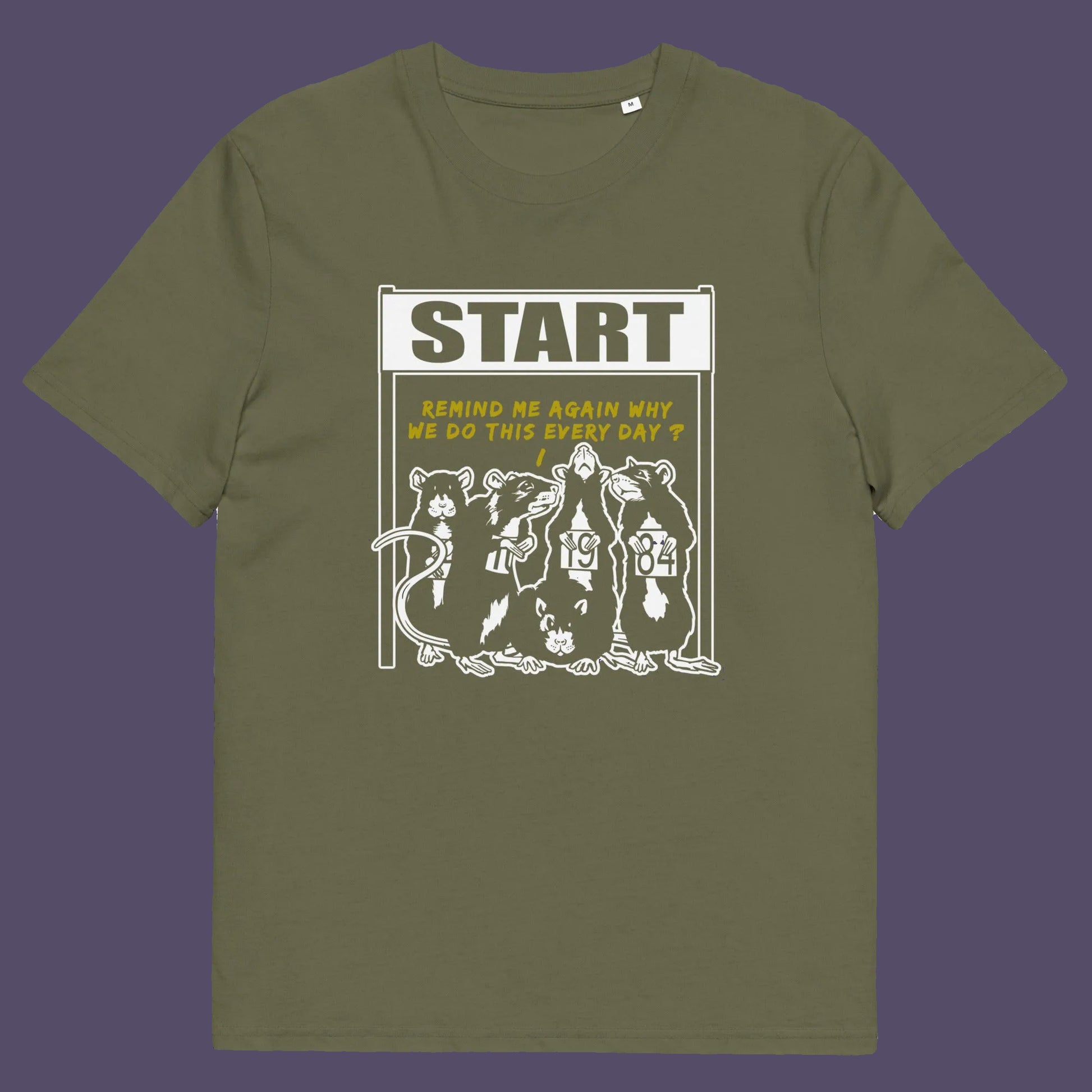 Khaki t shirt. This stencil graffiti t shirt represents the monotony of everyday working life. A unique satirical design for those times when life starts to feel a little repetitive, unnecessary, and questionable. Made from 100% organic ring-spun cotton, this urban art t shirt is unisex, high-quality, super comfy, and best of all, eco-friendly.