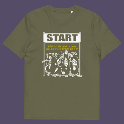 Khaki t shirt. This stencil graffiti t shirt represents the monotony of everyday working life. A unique satirical design for those times when life starts to feel a little repetitive, unnecessary, and questionable. Made from 100% organic ring-spun cotton, this urban art t shirt is unisex, high-quality, super comfy, and best of all, eco-friendly.