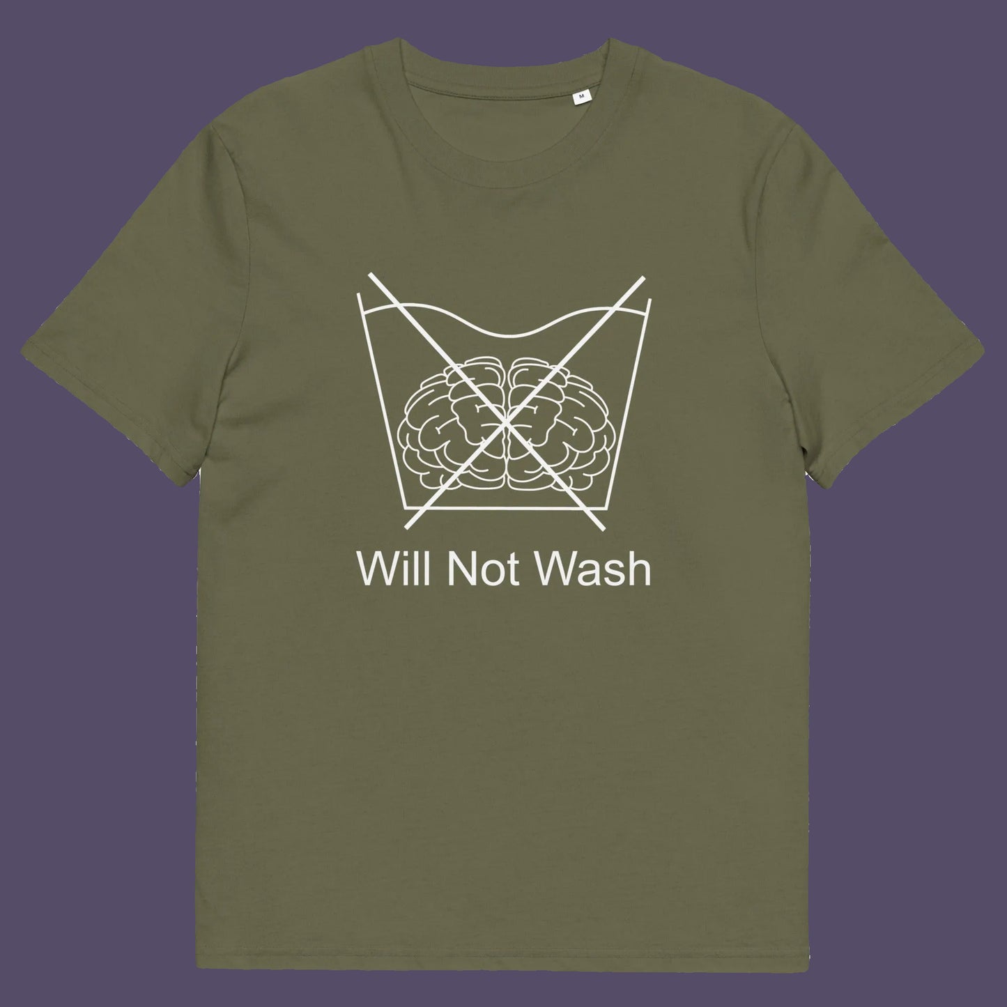 Khaki t shirt. A self worth t shirt promoting a strong mind and a resistance to brainwashing. this unique anti-establishment t-shirt design is a play on washing instructions and highlights the mass influence and indoctrination in modern society. Made from 100% organic ring-spun cotton, this clever slogan t shirt is unisex, high-quality, super comfy, and best of all, eco-friendly.