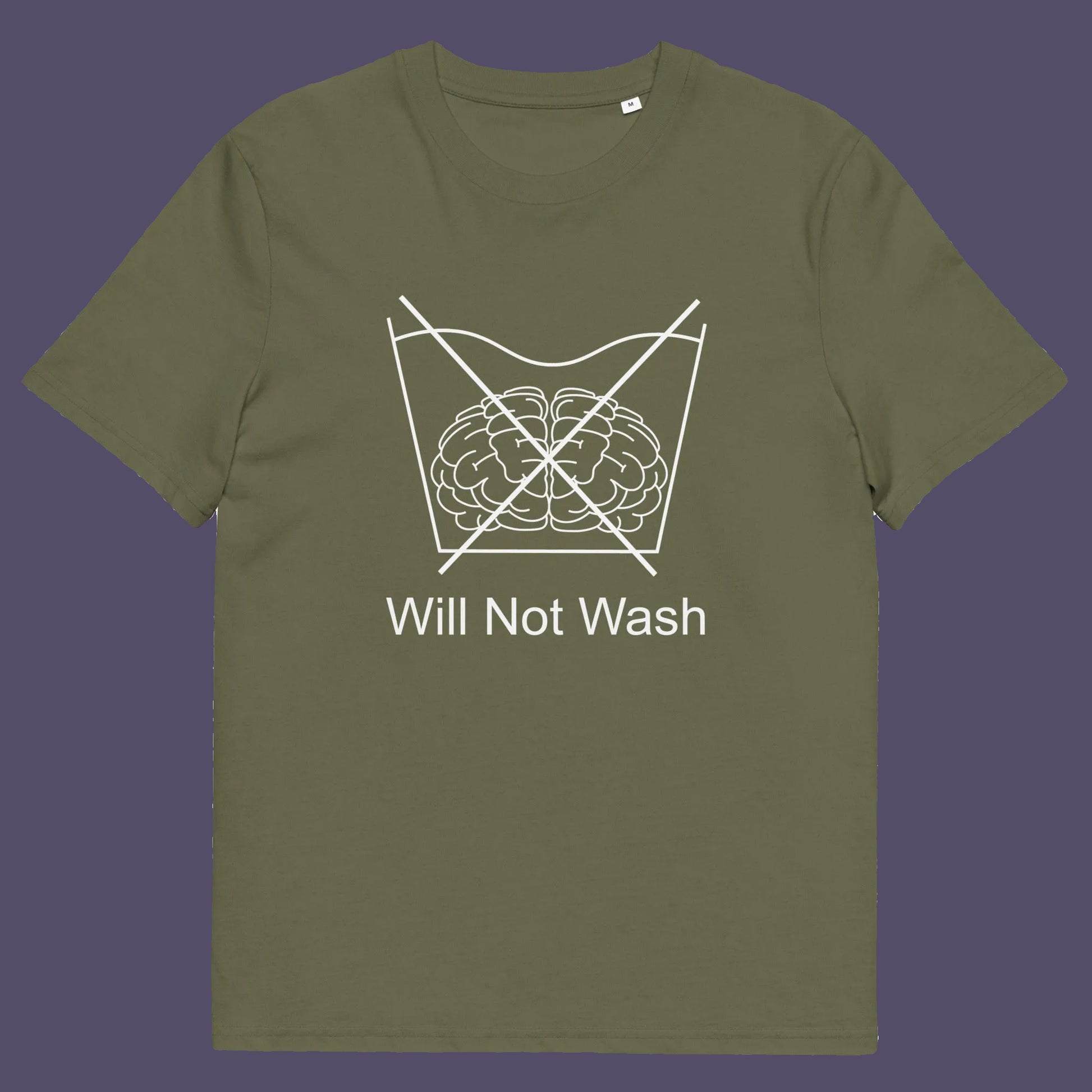 Khaki t shirt. A self worth t shirt promoting a strong mind and a resistance to brainwashing. this unique anti-establishment t-shirt design is a play on washing instructions and highlights the mass influence and indoctrination in modern society. Made from 100% organic ring-spun cotton, this clever slogan t shirt is unisex, high-quality, super comfy, and best of all, eco-friendly.