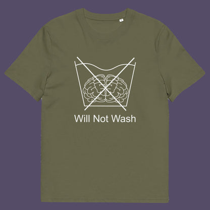 Khaki t shirt. A self worth t shirt promoting a strong mind and a resistance to brainwashing. this unique anti-establishment t-shirt design is a play on washing instructions and highlights the mass influence and indoctrination in modern society. Made from 100% organic ring-spun cotton, this clever slogan t shirt is unisex, high-quality, super comfy, and best of all, eco-friendly.
