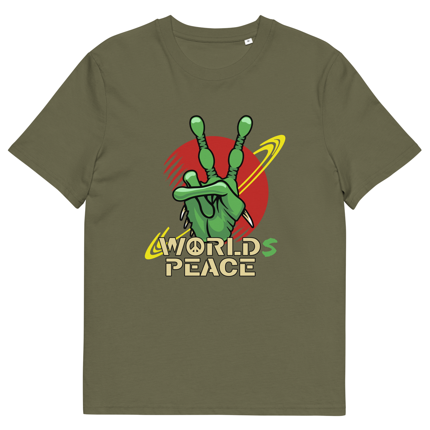 Khaki t shirt. A world peace t shirt with an alien lovers twist. When we think of world peace lets not be selfish about it., lets include all Worlds. Made from 100% organic ring-spun cotton, this funny alien t shirt is unisex, high-quality, super comfy, and best of all, eco-friendly.