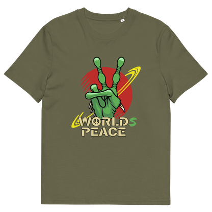 Khaki t shirt. A world peace t shirt with an alien lovers twist. When we think of world peace lets not be selfish about it., lets include all Worlds. Made from 100% organic ring-spun cotton, this funny alien t shirt is unisex, high-quality, super comfy, and best of all, eco-friendly.