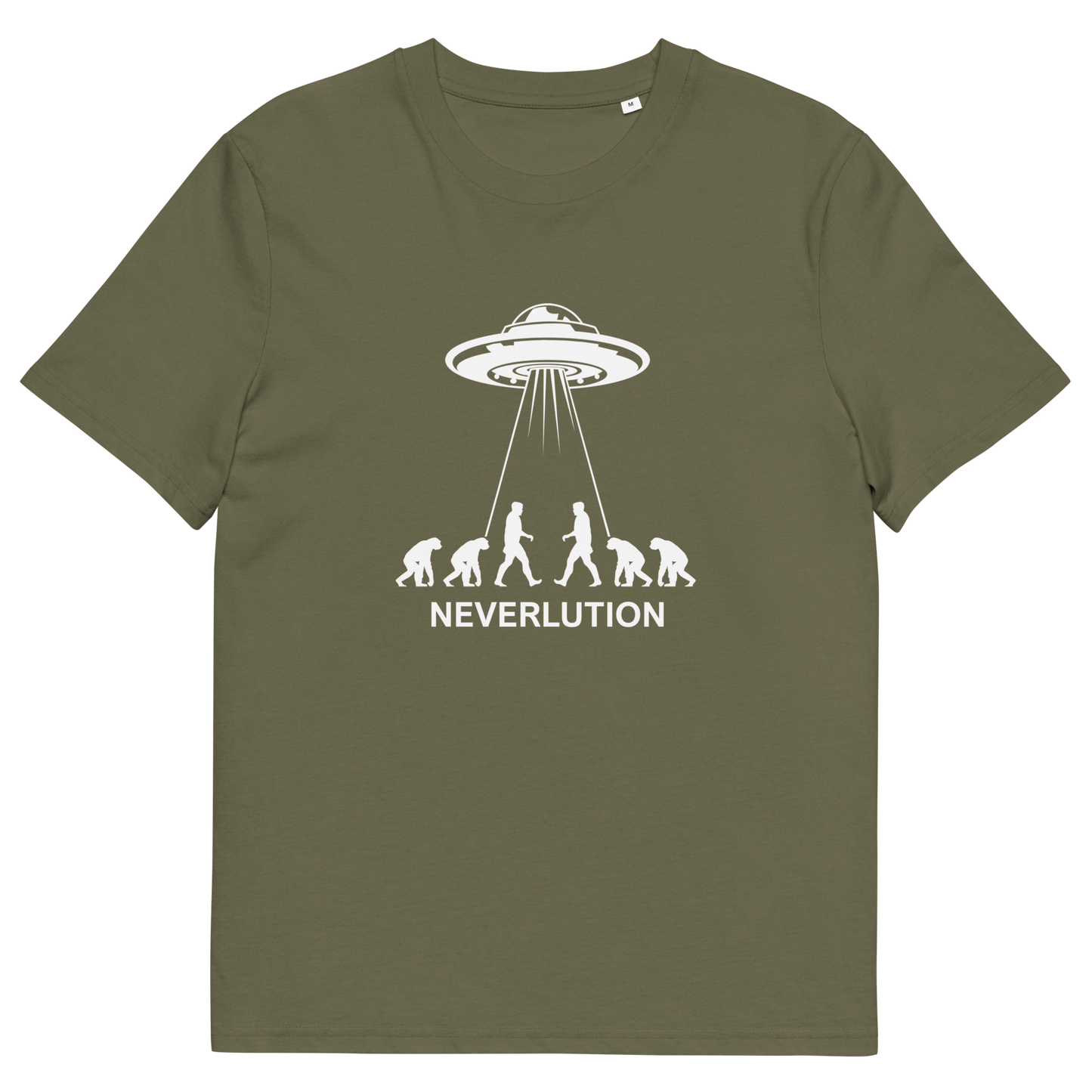Khaki t shirt. An alien conspiracy theory t-shirt suggesting a different path of our evolution. Did evolution never really happen the way we are told, or is there a more intergalactic and colourful answer ? Made from 100% organic ring-spun cotton, this conspiracy theory t-shirt is unisex, high-quality, super comfy, and best of all, eco-friendly.