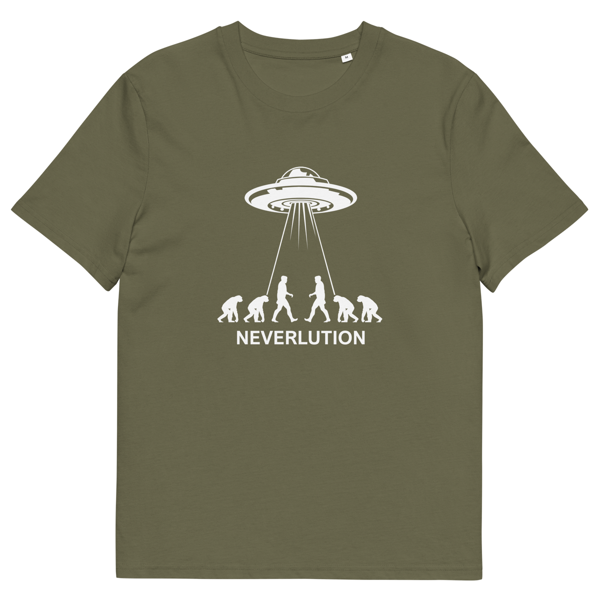 Khaki t shirt. An alien conspiracy theory t-shirt suggesting a different path of our evolution. Did evolution never really happen the way we are told, or is there a more intergalactic and colourful answer ? Made from 100% organic ring-spun cotton, this conspiracy theory t-shirt is unisex, high-quality, super comfy, and best of all, eco-friendly.