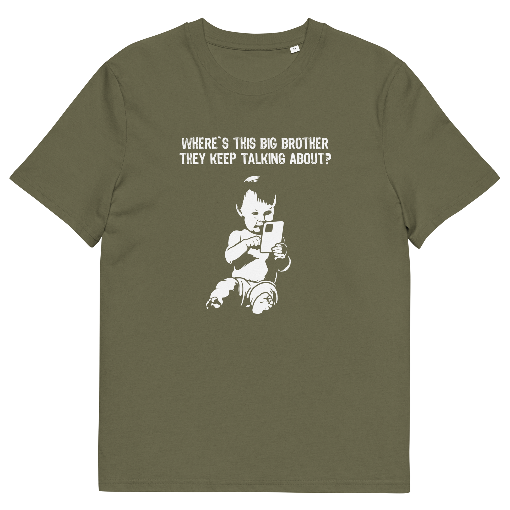 A khaki short-sleeve t-shirt with a white graphic print of a baby holding a phone and the text 'WHERE'S THIS BIG BROTHER THEY KEEP TALKING ABOUT?' on the front, displayed on a solid white background.