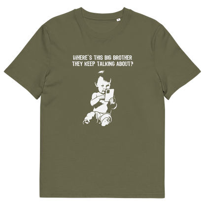 A khaki short-sleeve t-shirt with a white graphic print of a baby holding a phone and the text 'WHERE'S THIS BIG BROTHER THEY KEEP TALKING ABOUT?' on the front, displayed on a solid white background.