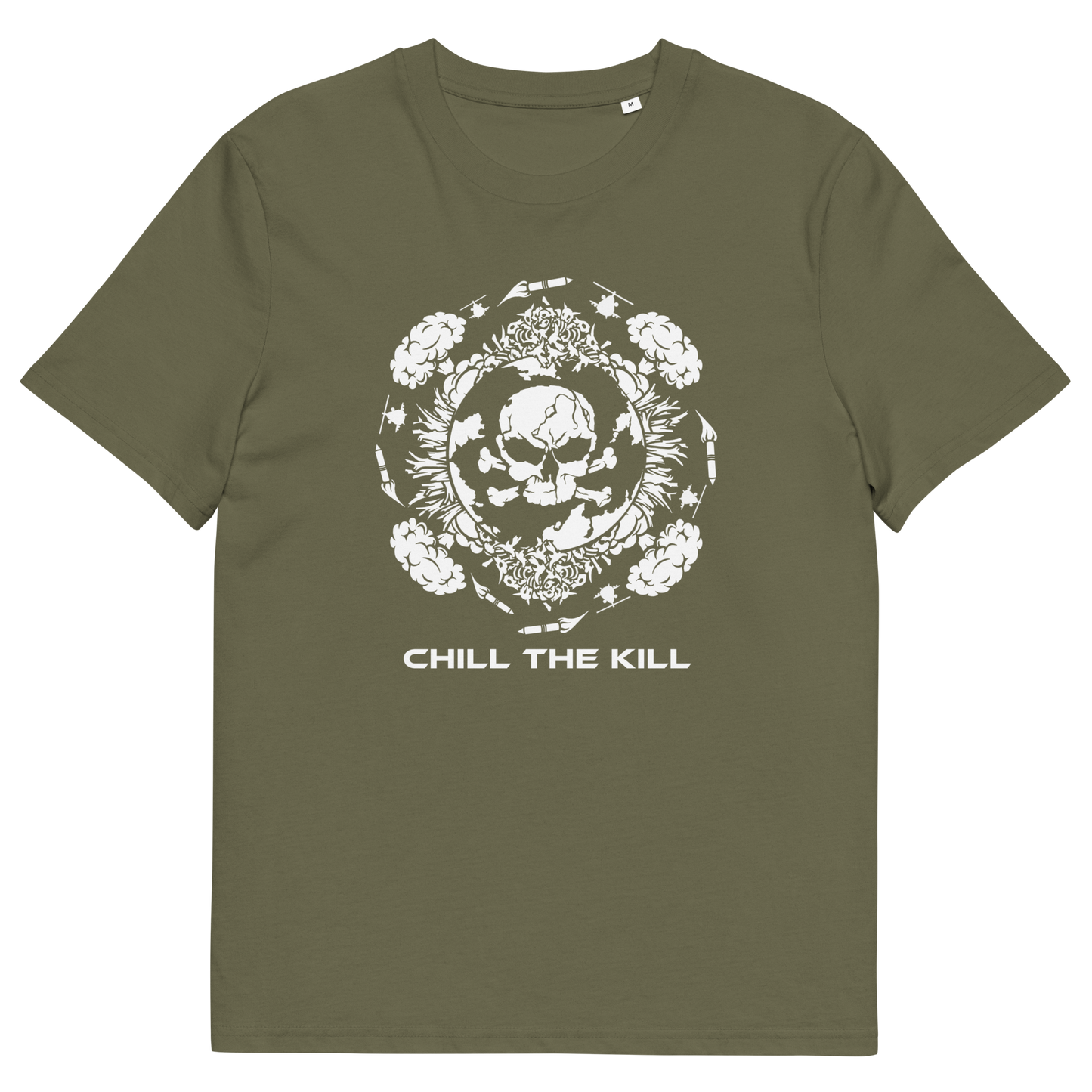 An khaki short-sleeve t-shirt with a white graphic print on the front featuring a skull inside a floral wreath and the text 'CHILL THE KILL' underneath, displayed on a solid white background.