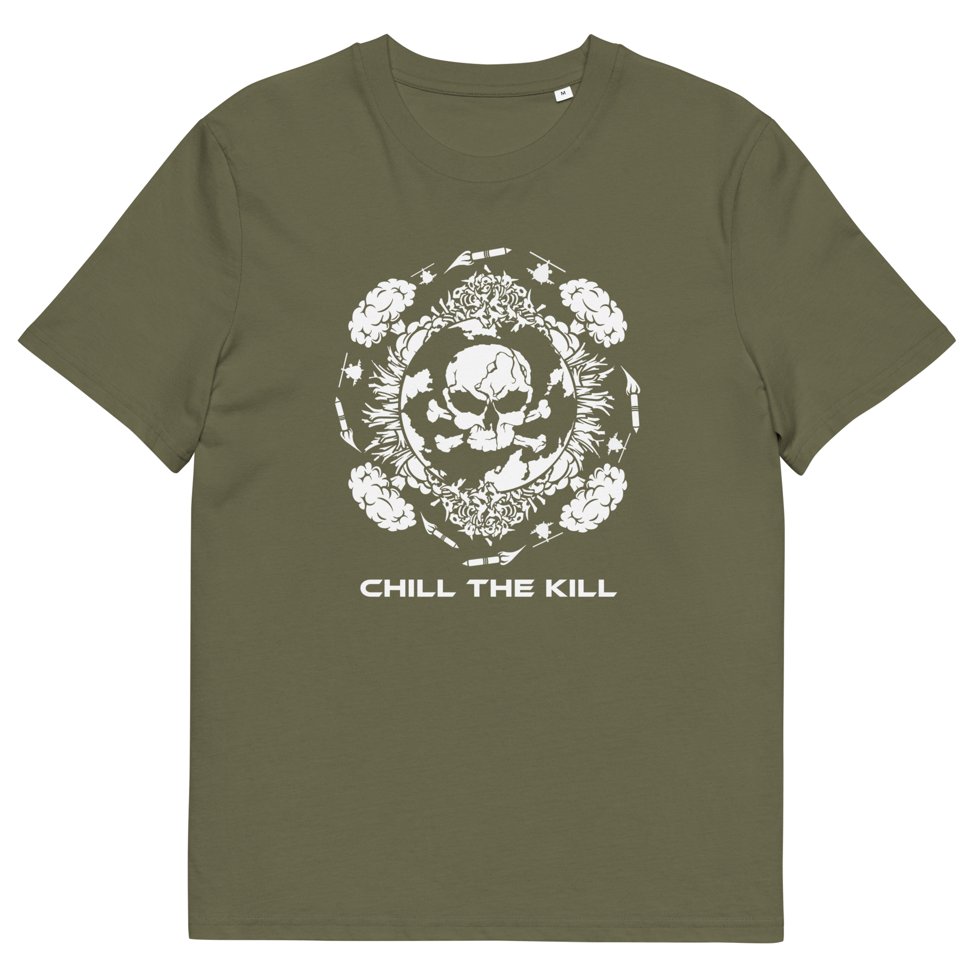 An khaki short-sleeve t-shirt with a white graphic print on the front featuring a skull inside a floral wreath and the text 'CHILL THE KILL' underneath, displayed on a solid white background.