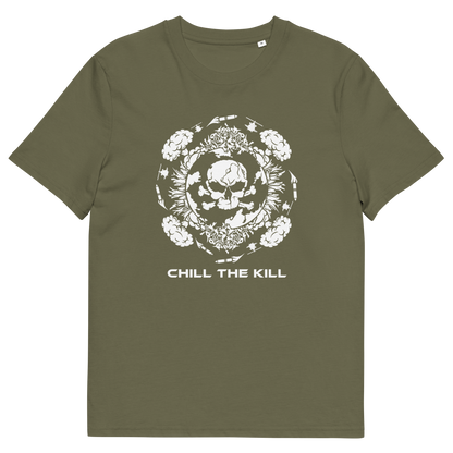 An khaki short-sleeve t-shirt with a white graphic print on the front featuring a skull inside a floral wreath and the text 'CHILL THE KILL' underneath, displayed on a solid white background.