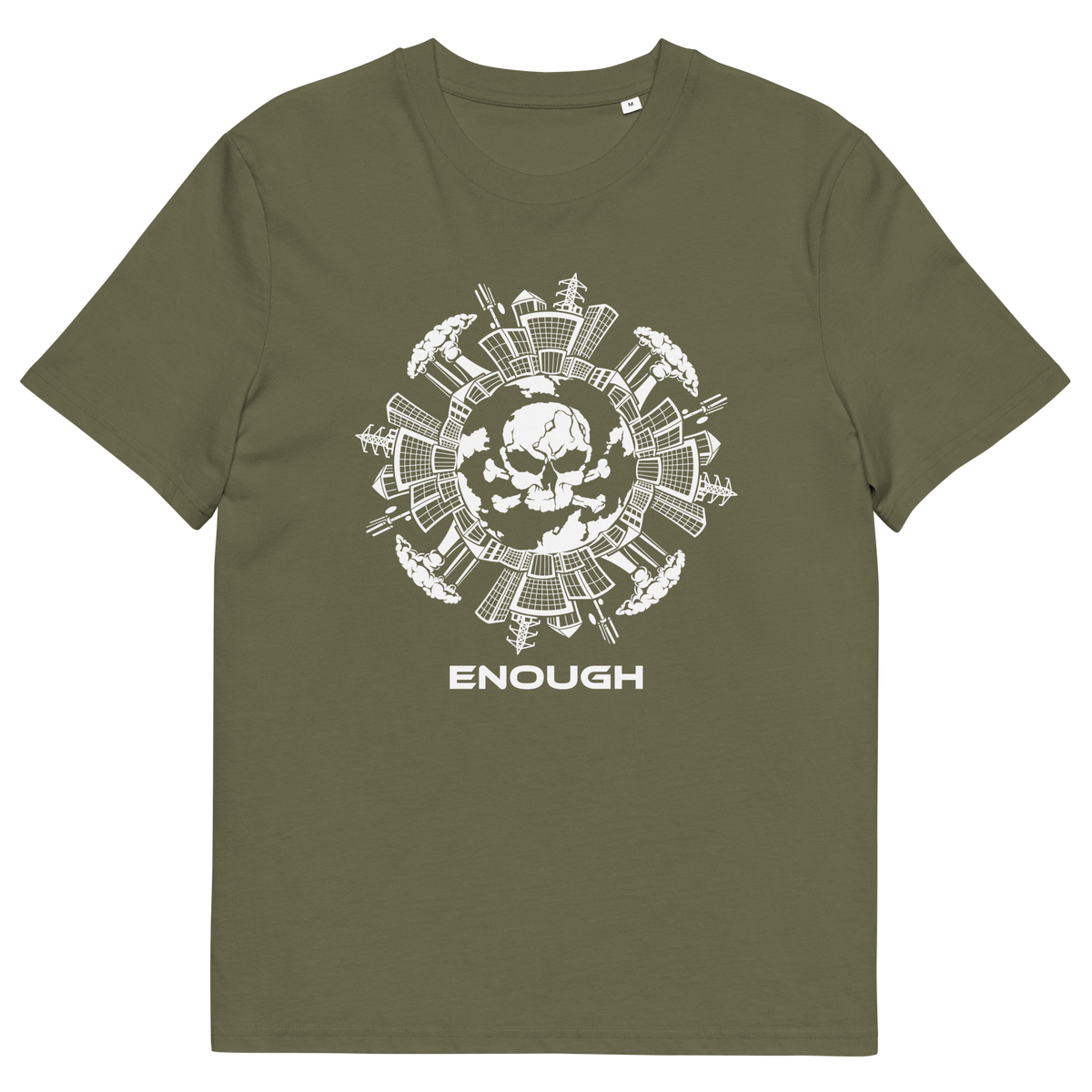 A khaki short-sleeve t-shirt with a white graphic print on the front. The graphic features a skull surrounded by industrial machinery and the word 'ENOUGH' printed below in a bold sans-serif font.