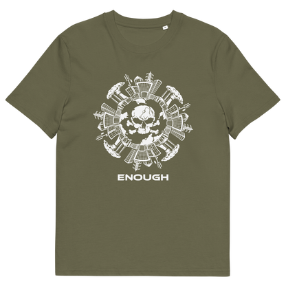 A khaki short-sleeve t-shirt with a white graphic print on the front. The graphic features a skull surrounded by industrial machinery and the word 'ENOUGH' printed below in a bold sans-serif font.