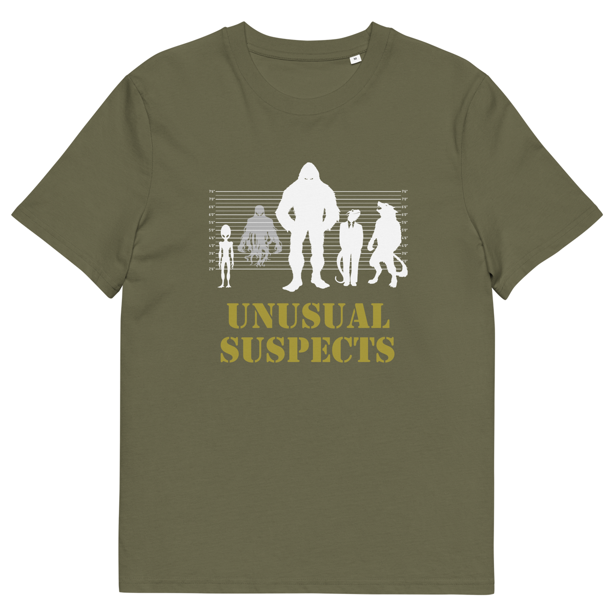 A khaki short-sleeve t-shirt with a white and yellow graphic on the front. The graphic features silhouettes of four figures in increasing sizes against a height line, with the text 'UNUSUAL SUSPECTS' printed below in yellow.