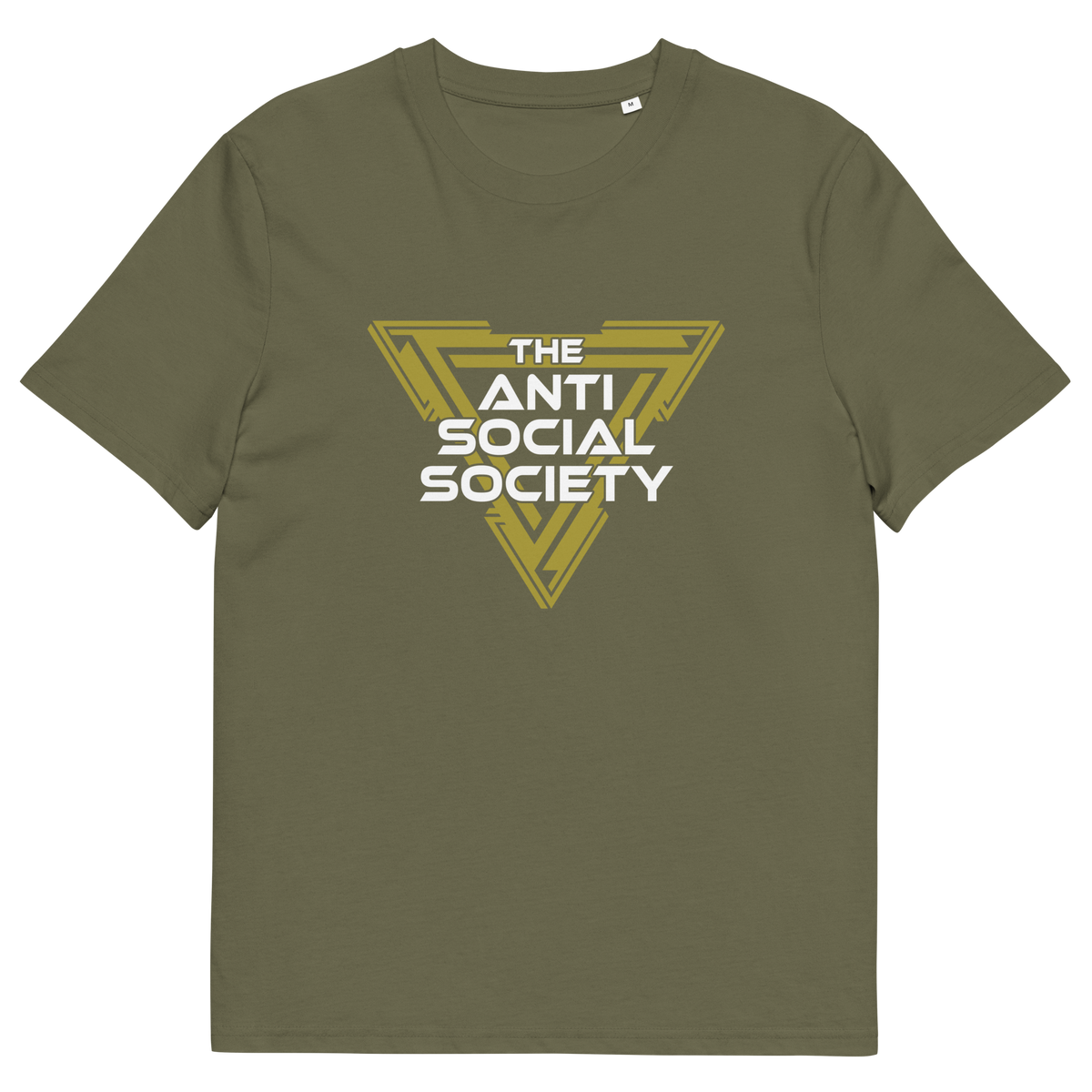 An khaki  green short-sleeve t-shirt with a graphic on the chest featuring a gold geometric triangle and the text 'THE ANTI SOCIAL SOCIETY' in white and gold.