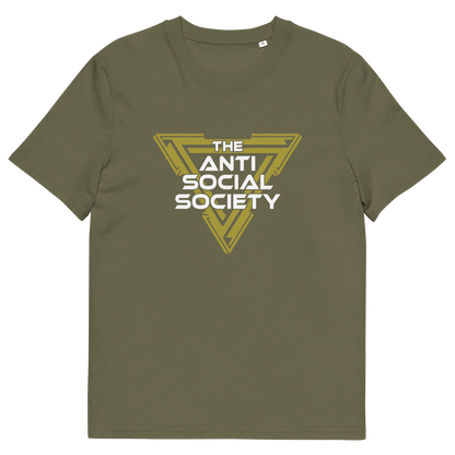 An khaki  green short-sleeve t-shirt with a graphic on the chest featuring a gold geometric triangle and the text 'THE ANTI SOCIAL SOCIETY' in white and gold.